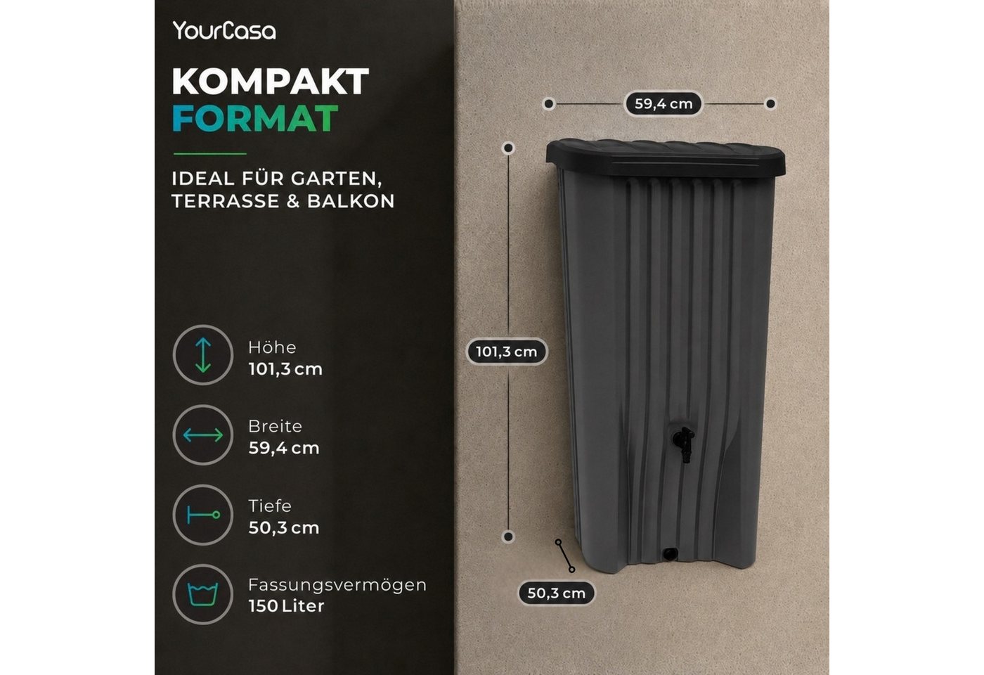 YourCasa Regentonne Cascade Regentonne 150 Liter anthrazit mit Hahn, 150 l, UV Beständig,Wetterfest,150L Fassungsvermögen – Bild 2 von 5