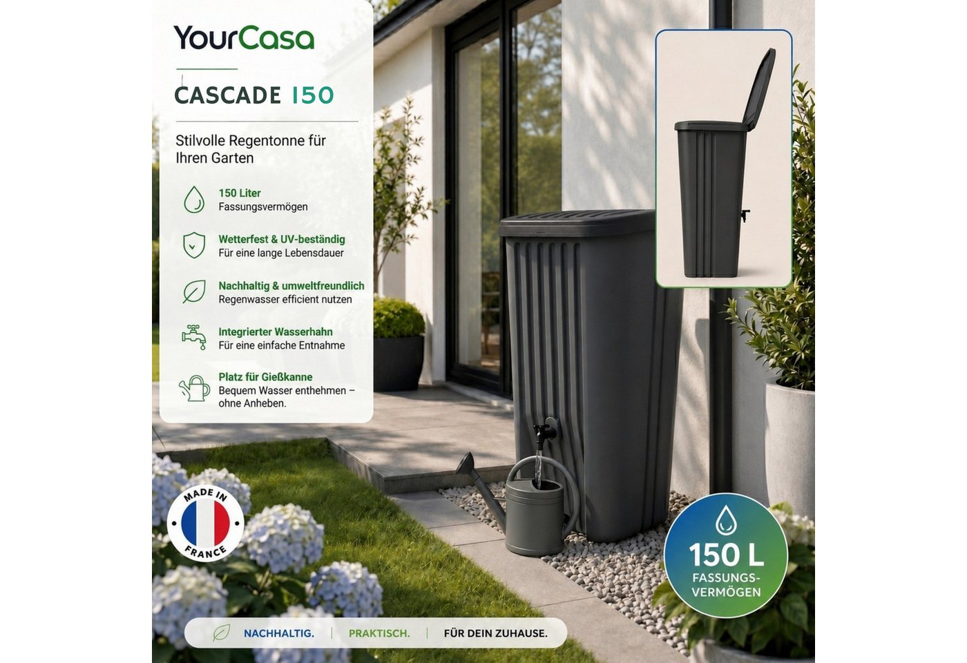 YourCasa Regentonne Cascade Regentonne 150 Liter anthrazit mit Hahn, 150 l, UV Beständig,Wetterfest,150L Fassungsvermögen – Bild 3 von 5