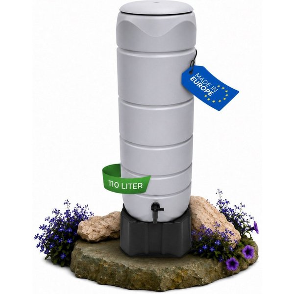 YourCasa Regentonne [CircleTower] 110L mit Standfuss, Deckel & Wasserhahn - Regenfass, Schmal, Inkl. Standfuss 39,6 x 130,3 cm, Wetterfest
