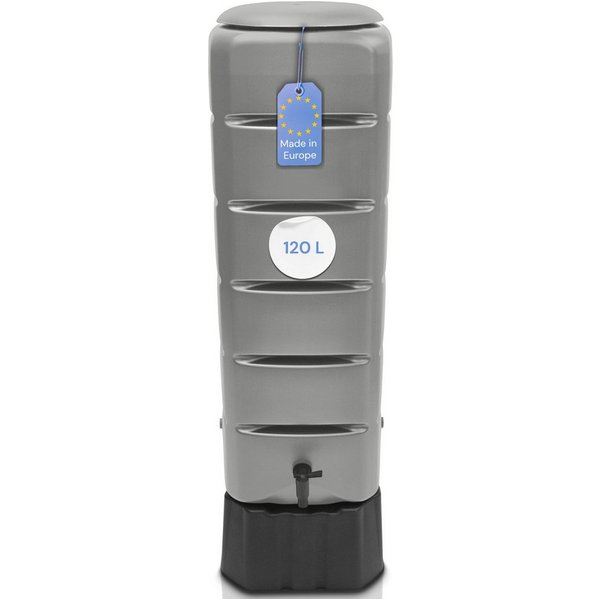 YourCasa Regentonne Regentonne [Tower] 120L mit Standfuss, Deckel & Wasserhahn Regenfass, 120 Liter, Eckig und Schmal, inkl. Sockel 39,6 x 118,6 cm