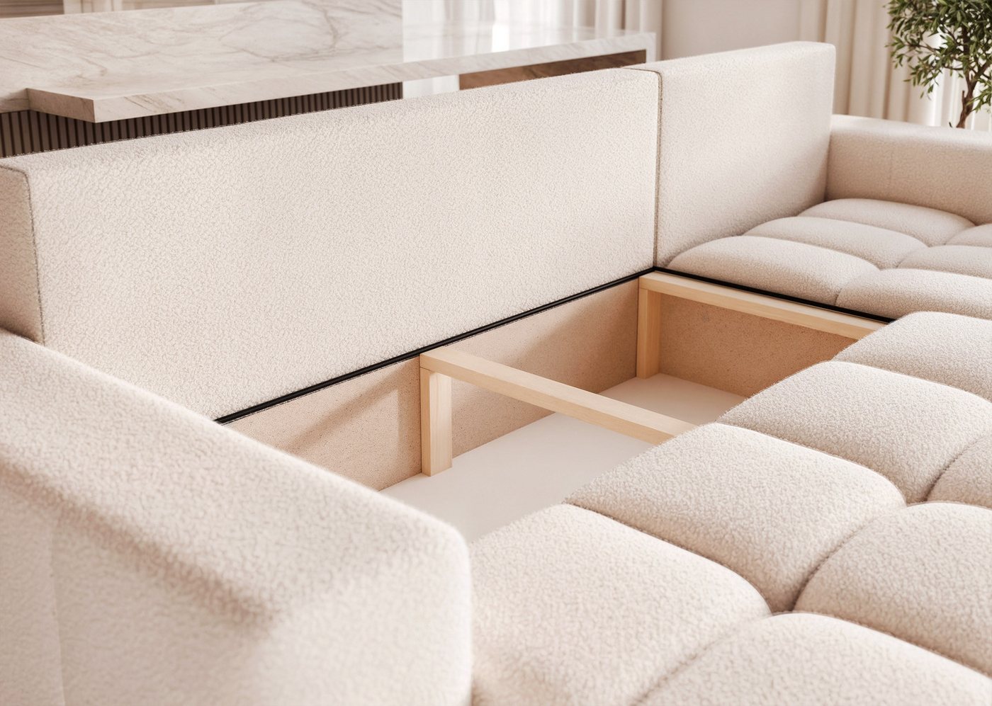 yourhouse24 Ecksofa OLI L (248 cm) – Tiefe Steppung, Trend-Bouclé & Schlaffunktion, Seite universal – Bild 4 von 5
