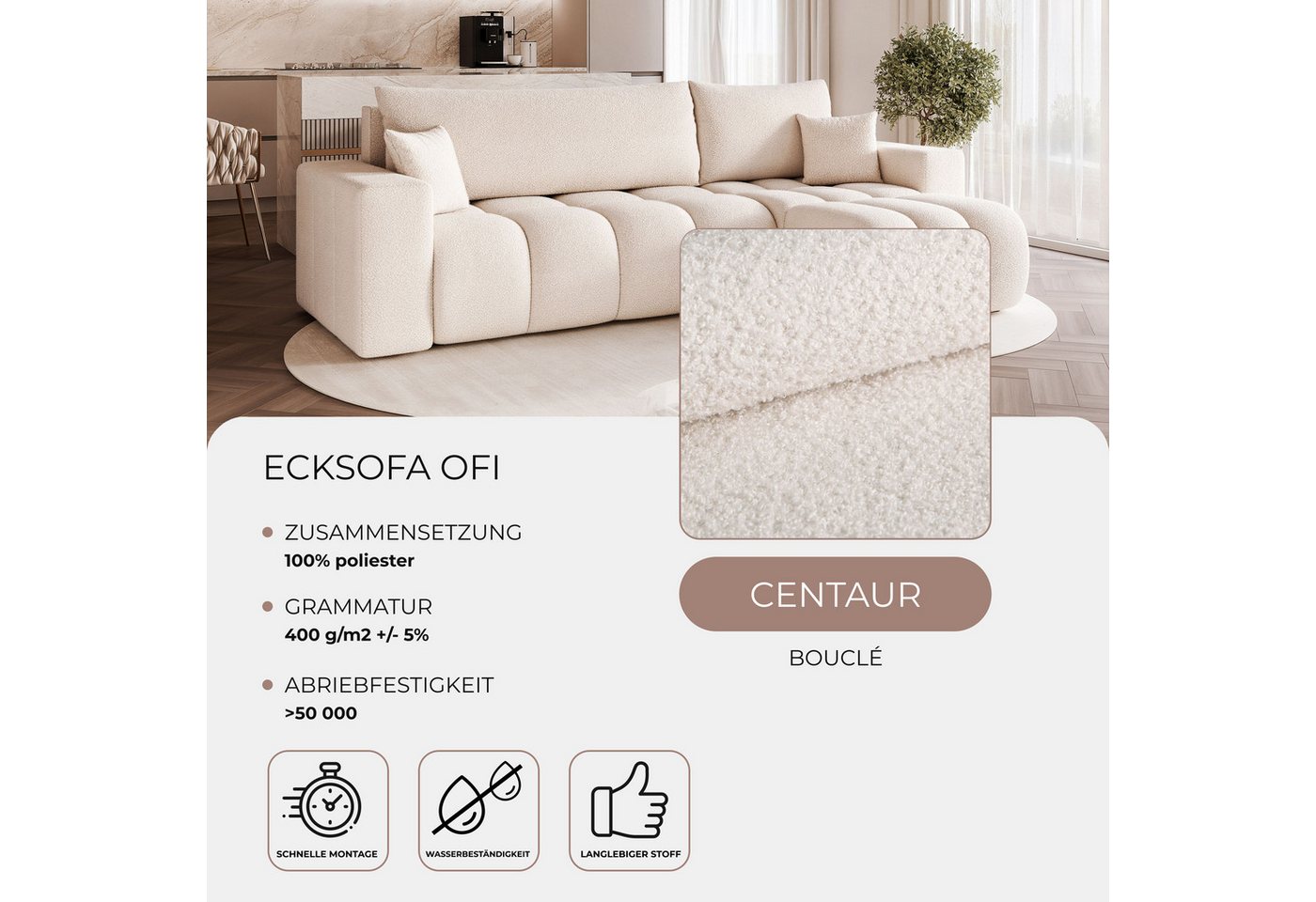 yourhouse24 Ecksofa OLI L (248 cm) – Tiefe Steppung, Trend-Bouclé & Schlaffunktion, Seite universal – Bild 5 von 5