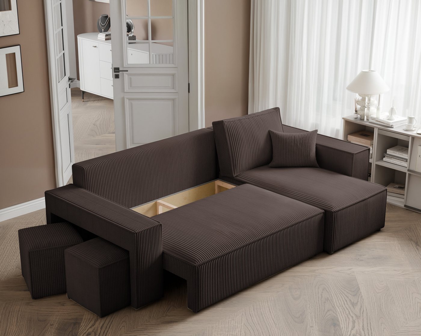 yourhouse24 Ecksofa PARIS in L-Form inkl. 2 Hocker – Schlaffunktion & Bettkasten, mit Schlaffunktion und Bettkasten, Seite universal – Bild 4 von 5