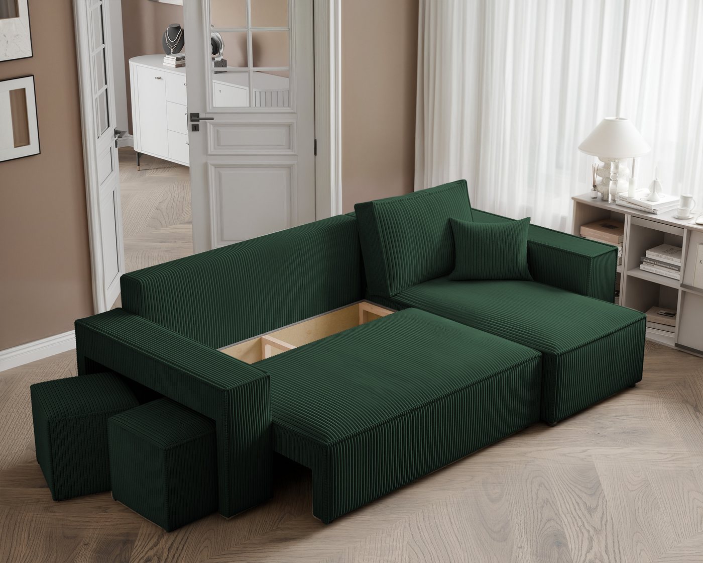yourhouse24 Ecksofa PARIS in L-Form inkl. 2 Hocker – Schlaffunktion & Bettkasten, mit Schlaffunktion und Bettkasten, Seite universal – Bild 3 von 5