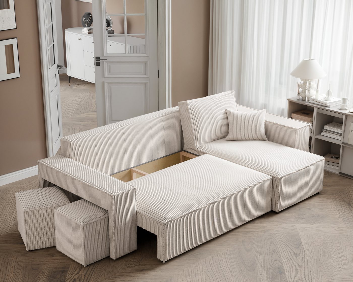 yourhouse24 Ecksofa PARIS in L-Form inkl. 2 Hocker – Schlaffunktion & Bettkasten, mit Schlaffunktion und Bettkasten, Seite universal – Bild 4 von 5