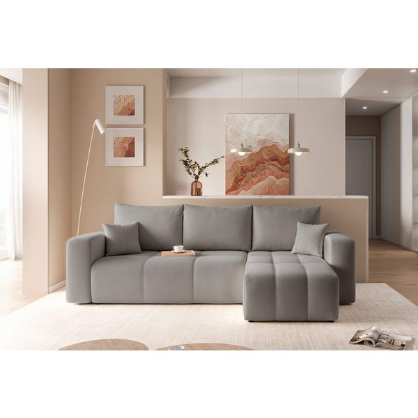 yourhouse24 Ecksofa PEDRO L – Samt-Optik, Schlaffunktion & Bettkasten, mit Schlaffunktion und Bettkasten, Seite universal