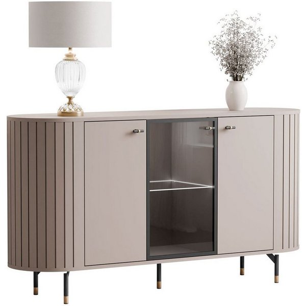 yourhouse24 Kommode LINNEA 150cm 3D LED & Glas Runde Ecken Kaschmir/Schwarz