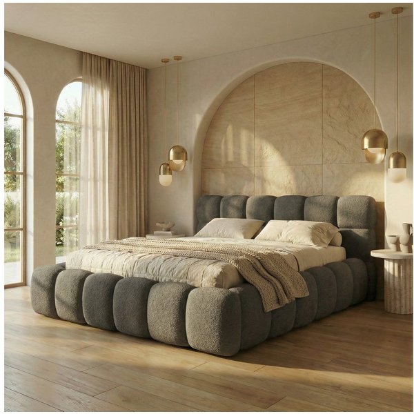 yourhouse24 Polsterbett BOSTON Slim Bouclé – Kompaktes Wolkenbett mit Bettkasten, Bubble-Optik & Japandi