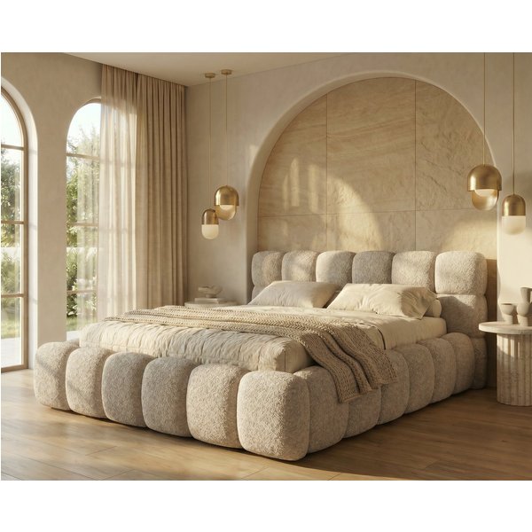 yourhouse24 Polsterbett BOSTON Slim Bouclé – Kompaktes Wolkenbett mit Bettkasten, Bubble-Optik & Japandi