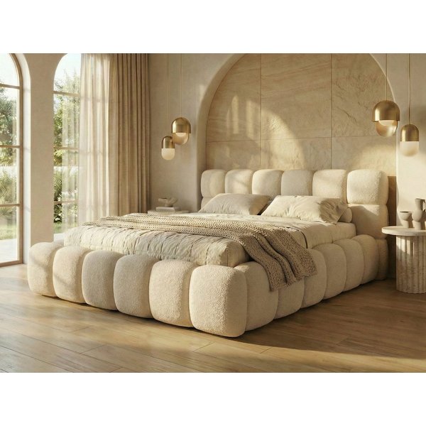 yourhouse24 Polsterbett BOSTON Slim Bouclé – Kompaktes Wolkenbett mit Bettkasten, Bubble-Optik & Japandi