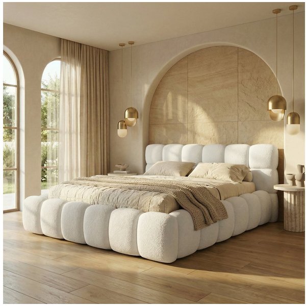 yourhouse24 Polsterbett BOSTON Slim Bouclé – Kompaktes Wolkenbett mit Bettkasten, Bubble-Optik & Japandi