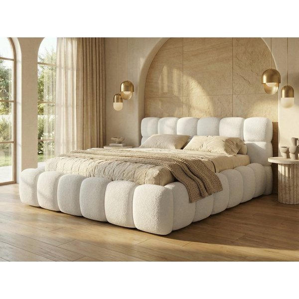 yourhouse24 Polsterbett BOSTON Slim Bouclé – Kompaktes Wolkenbett mit Bettkasten, Bubble-Optik & Japandi