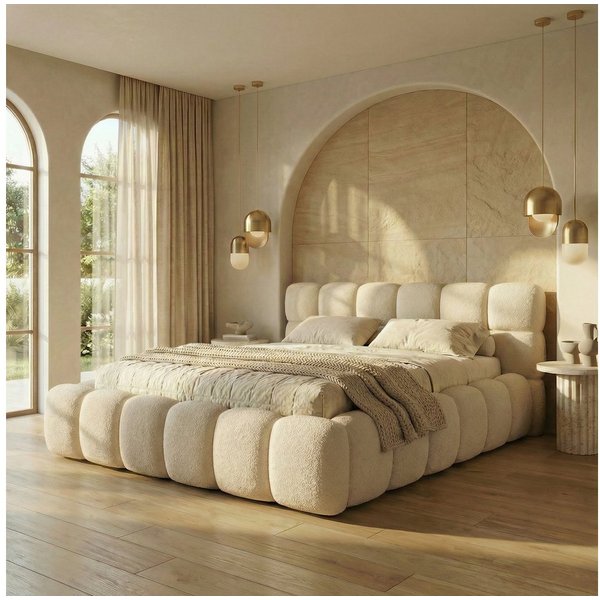 yourhouse24 Polsterbett BOSTON Slim Bouclé – Kompaktes Wolkenbett mit Bettkasten, Bubble-Optik & Japandi