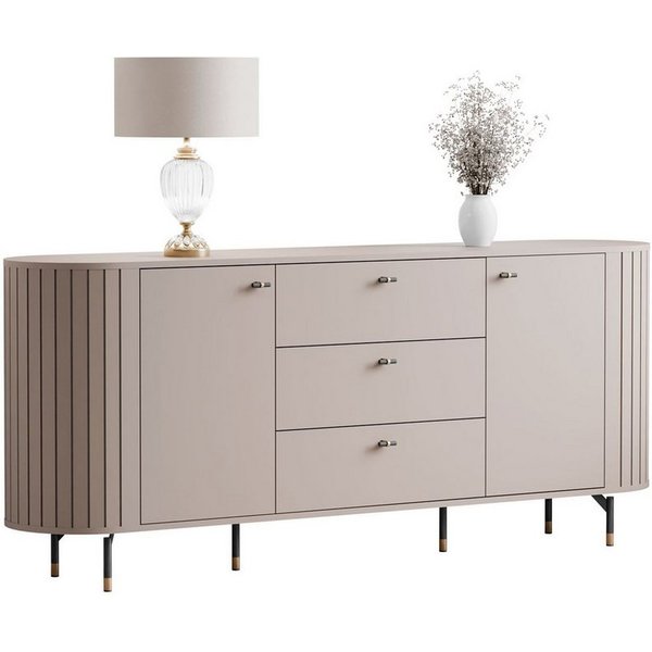 yourhouse24 Sideboard LINNEA 190cm 2D3S Runde Ecken Lamellen Kaschmir/Schwarz