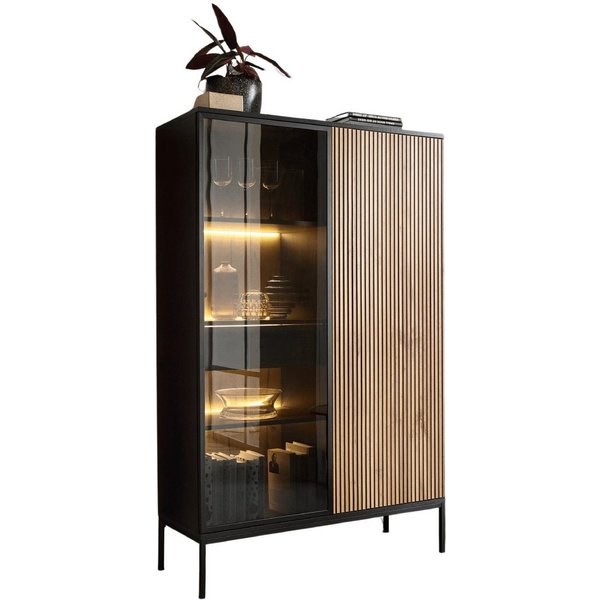 yourhouse24 Vitrine SANTIA 104 cm Industrial-Vitrine – Eiche & Schwarz mit LED