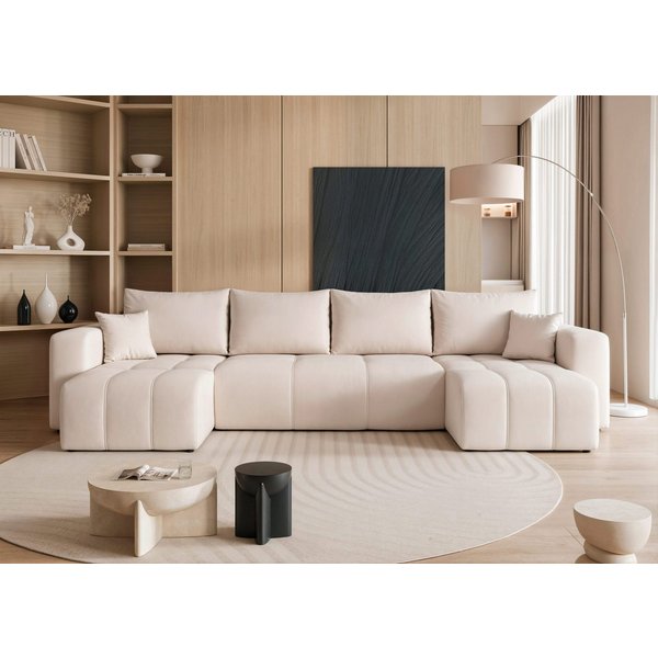 yourhouse24 Wohnlandschaft PEDRO U in Samt-Optik – Riesige Schlaffunktion & abnehmbare Bezüge, mit Schlaffunktion und Bettkasten, Seite universal