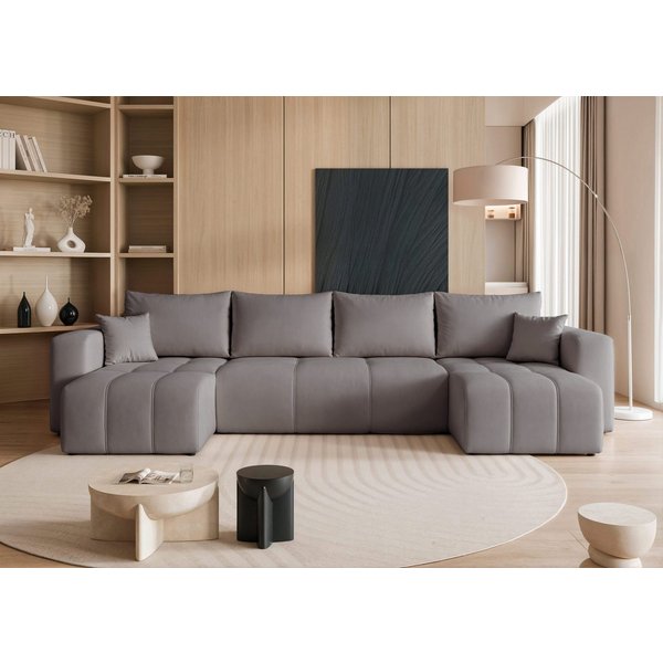yourhouse24 Wohnlandschaft PEDRO U in Samt-Optik – Riesige Schlaffunktion & abnehmbare Bezüge, mit Schlaffunktion und Bettkasten, Seite universal