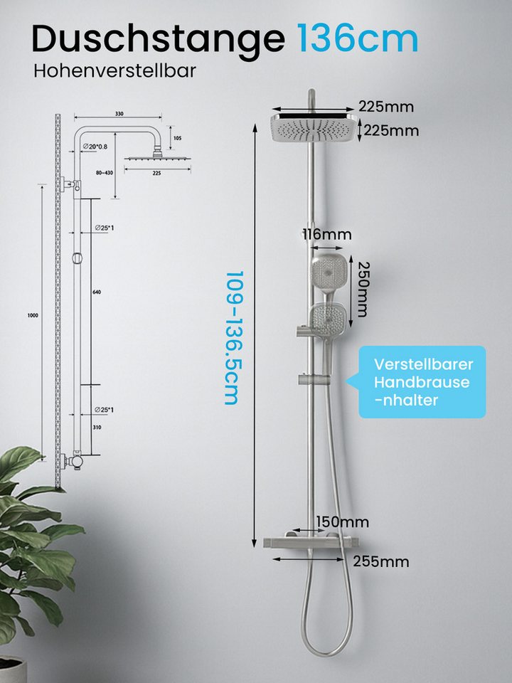 Youyijia Duschsystem Duschsystem mit Thermostat, Duscharmatur Komplettset schwarz – Bild 2 von 5