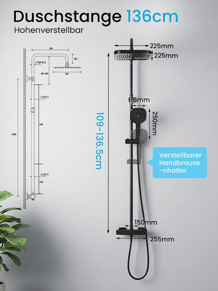 Youyijia Duschsystem Duschsystem mit Thermostat, Duscharmatur Komplettset schwarz – Bild 2 von 5