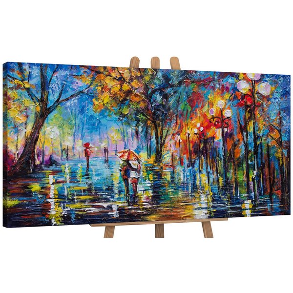 YS-Art Gemälde Herbstliche Allee, Menschen, Paar Regenschirm Leinwand Bild Handgemalt Allee Baum