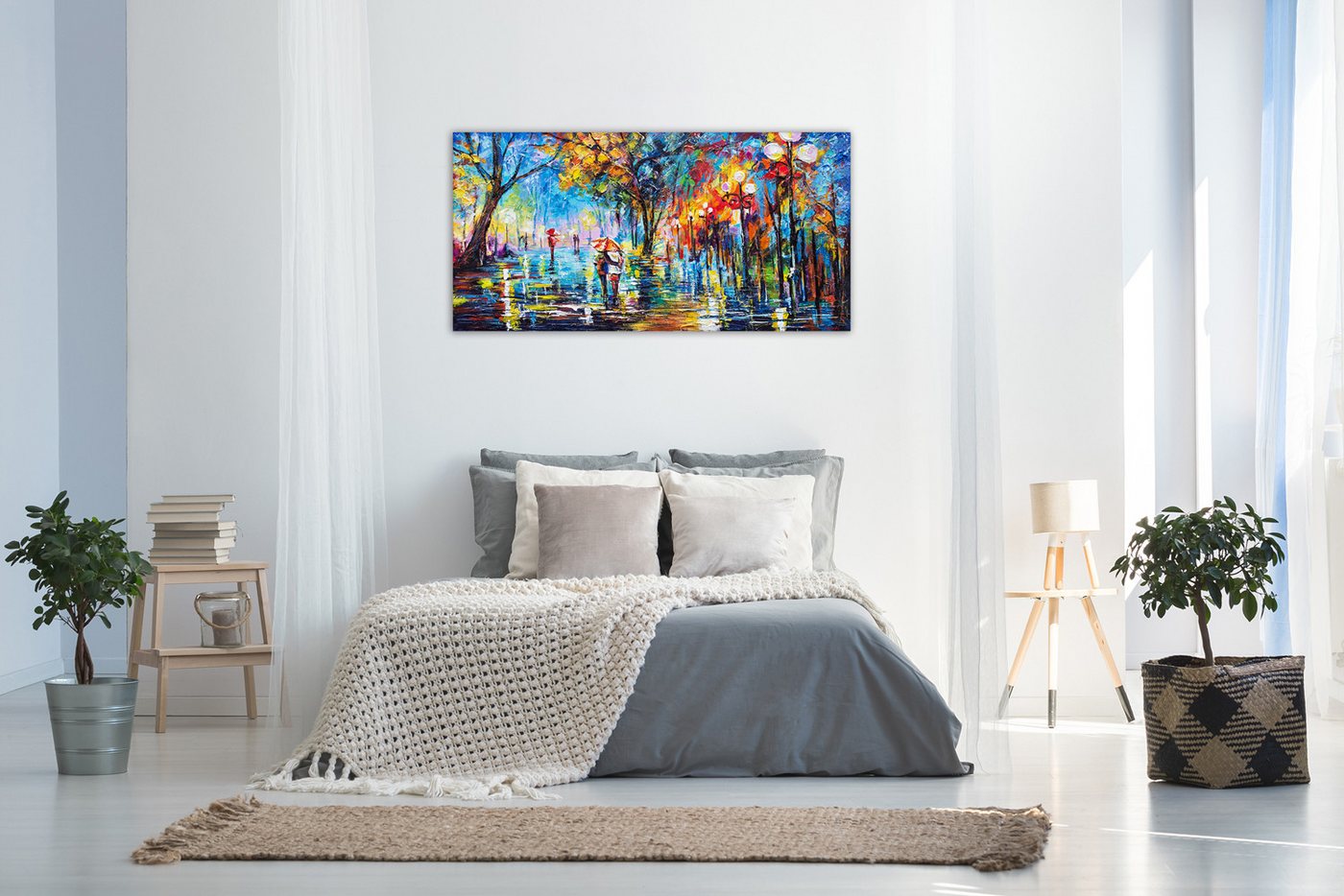 YS-Art Gemälde Herbstliche Allee, Menschen, Paar Regenschirm Leinwand Bild Handgemalt Allee Baum – Bild 5 von 5