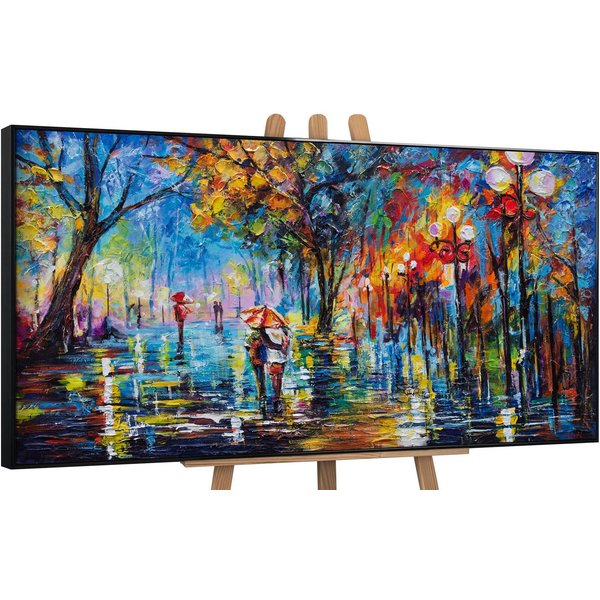 YS-Art Gemälde Herbstliche Allee, Menschen, Paar Regenschirm Leinwand Bild Handgemalt Allee Baum