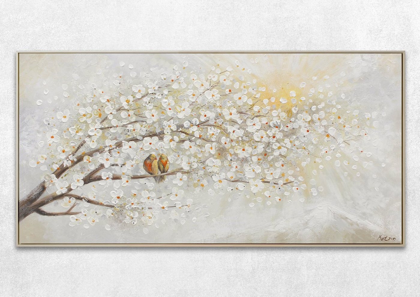 YS-Art Gemälde Sonnenaufgang, Natur, Leinwand Bild Handgemalt Zwei Vögel auf dem Baum Sonnenschein – Bild 2 von 5