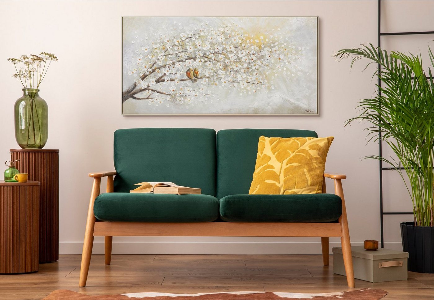 YS-Art Gemälde Sonnenaufgang, Natur, Leinwand Bild Handgemalt Zwei Vögel auf dem Baum Sonnenschein – Bild 5 von 5