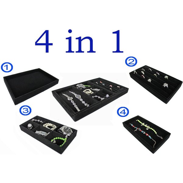 Yudu Schmuckkasten 4-teiliges Schmucktablett Set Vorlagebrett Schmuckbox Samt