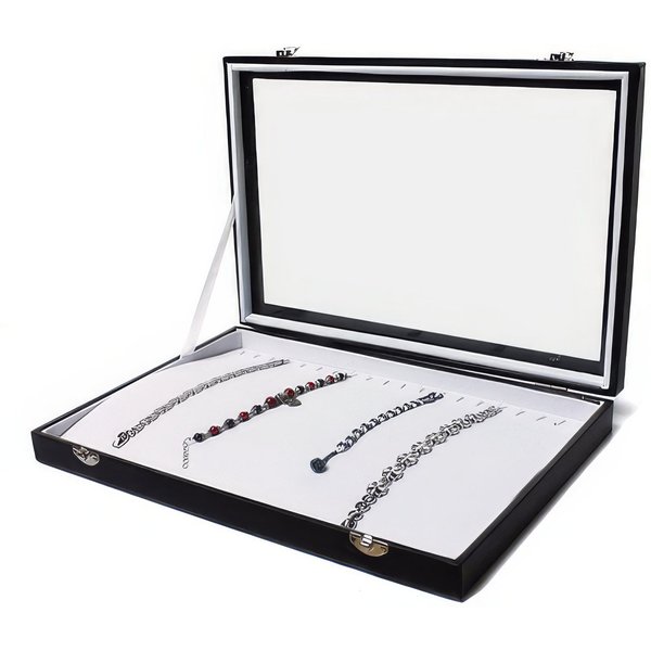 Yudu Schmuckkasten Schmucktablett Schmucklade mit Glasdeckel weiss /schwarz