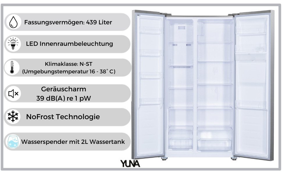 YUNA Side-by-Side Serebro Grande SBS-E, 177 cm hoch, 90 cm breit, Holiday Modus, Schnellgefrieren, Höhenverstellbare Füße – Bild 5 von 5