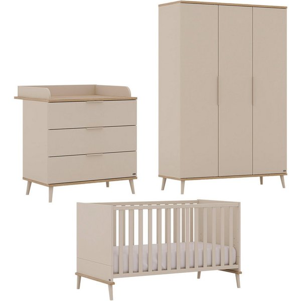 YUNY by PAIDI Babymöbel-Set HAZEL, 3-teiliges Babyzimmer in Beige, modernes Komplettset, (Spar-Set, 3-tlg., 70x140cm Babybett, Kleiderschrank 3-türig, Wickelkom