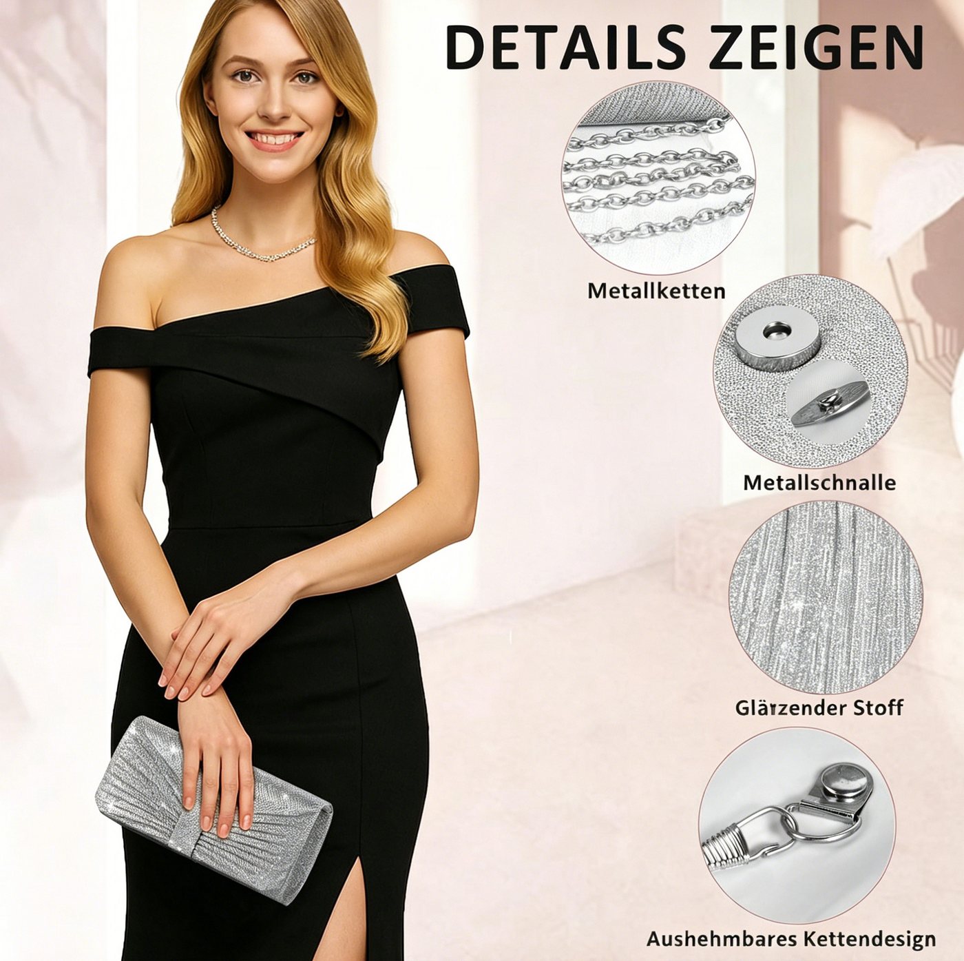 Zaewry Abendtasche Damen-Abendtasche, Handtasche für Hochzeit und Party, glänzende Abendtasche, Damen-Umhängetasche mit Kette – Bild 2 von 5