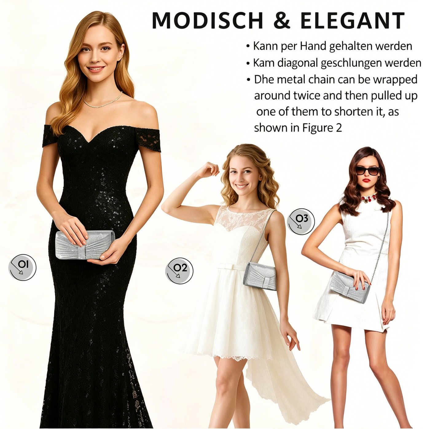 Zaewry Abendtasche Damen-Abendtasche, Handtasche für Hochzeit und Party, glänzende Abendtasche, Damen-Umhängetasche mit Kette – Bild 5 von 5