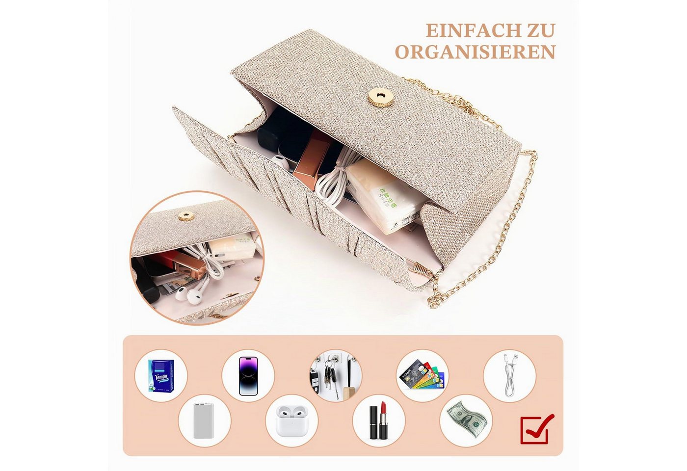 Zaewry Abendtasche Damen Clutch, Umschlag Clutch, elegante Handtasche, Braut Clutch geeignet für Hochzeiten, Partys und Bankette – Bild 4 von 5