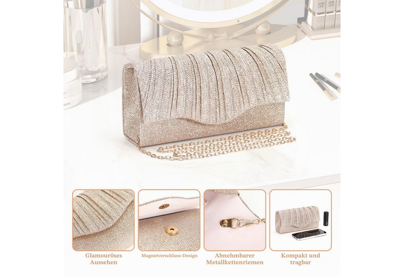Zaewry Abendtasche Damen Clutch, Umschlag Clutch, elegante Handtasche, Braut Clutch geeignet für Hochzeiten, Partys und Bankette – Bild 5 von 5