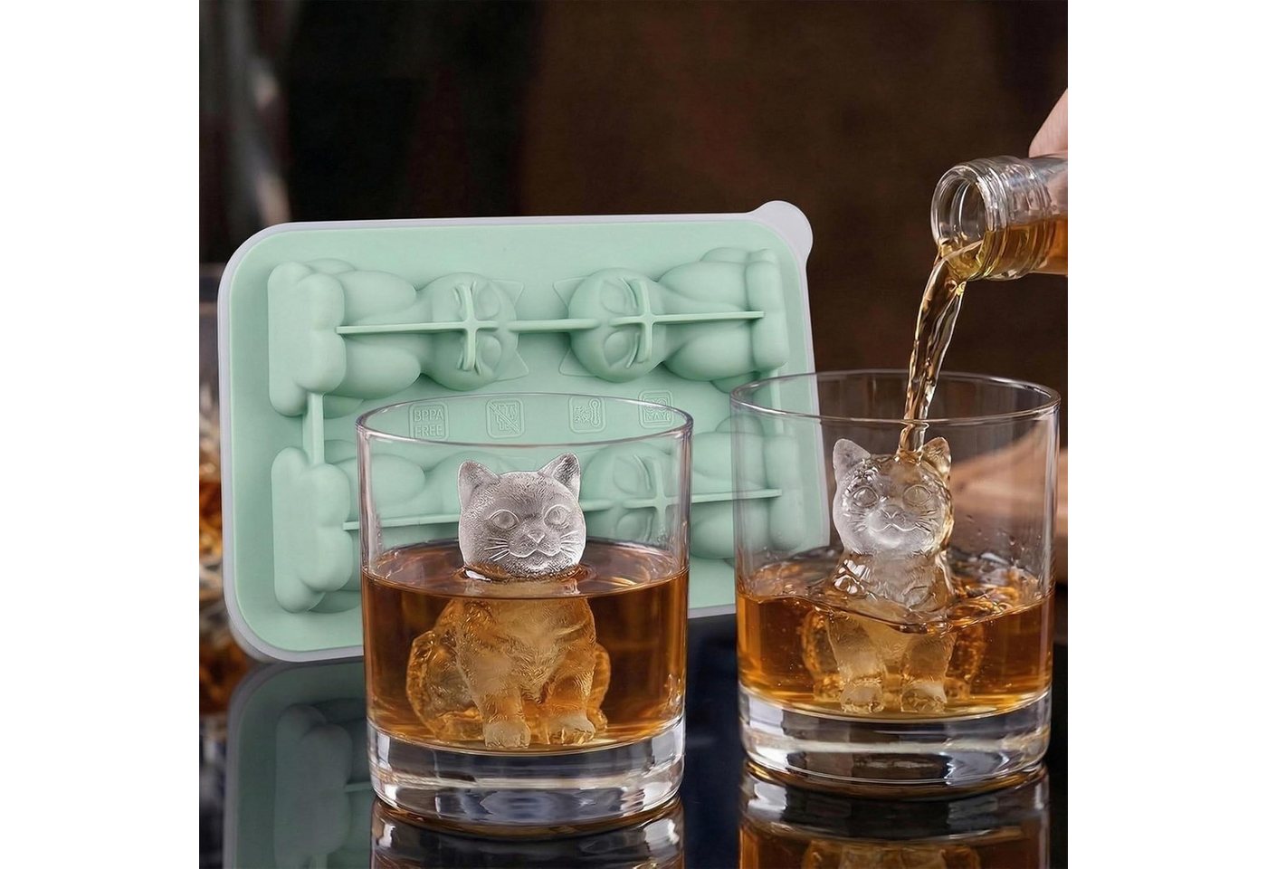 Zaewry Eiswürfelform Eiswürfelform Silikon Katze, Lustige Tier Eiswürfel Form mit Deckel, Silikonform für Whiskey & Cocktails – Bild 5 von 5