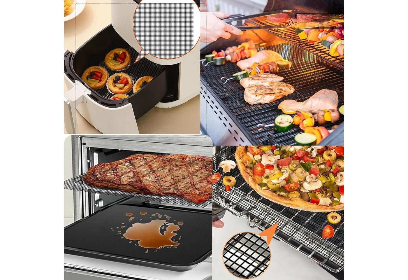 Zaewry Grillplatte Grillmatten Set, Gitter Grillmatte antihaftbeschichtet (4-St), zum Grillen von Fleisch, Gemüse, Kochen, Backen, Grillen und Backen – Bild 4 von 5