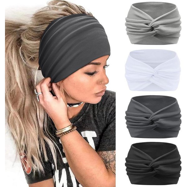 Zaewry Haargummi 4 Stück Stirnbänder Damen Boho Breite Haarband Weiche Yoga Stirnband
