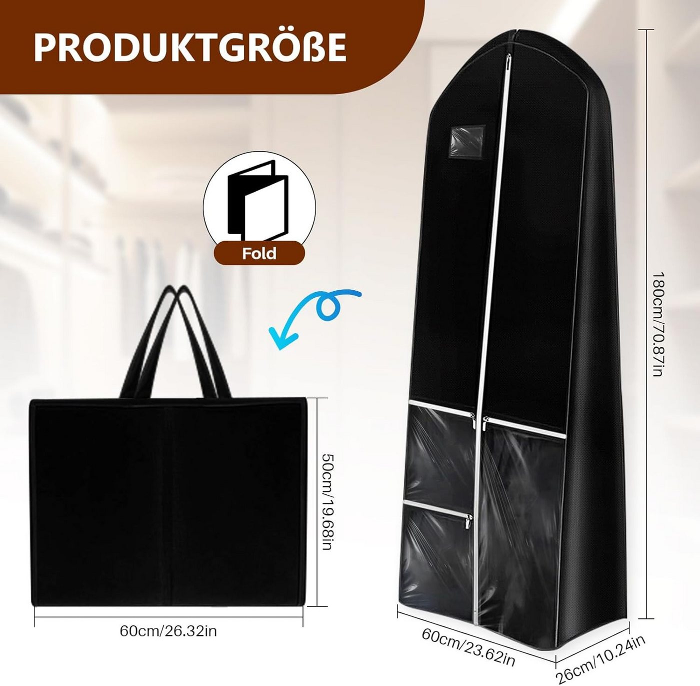 Zaewry Kleidersack Lang 180×60 cm, Faltbare Kleiderhülle mit 4 Taschen, mit Griffen – Bild 2 von 5