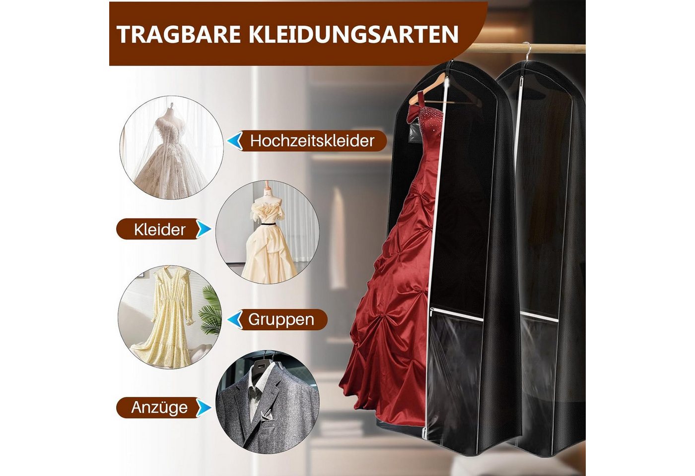 Zaewry Kleidersack Lang 180×60 cm, Faltbare Kleiderhülle mit 4 Taschen, mit Griffen – Bild 3 von 5