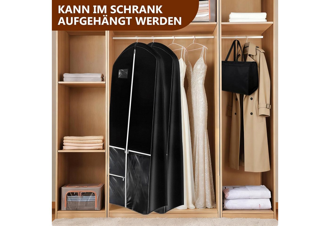 Zaewry Kleidersack Lang 180×60 cm, Faltbare Kleiderhülle mit 4 Taschen, mit Griffen – Bild 4 von 5