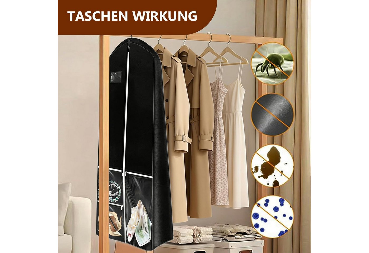 Zaewry Kleidersack Lang 180×60 cm, Faltbare Kleiderhülle mit 4 Taschen, mit Griffen – Bild 5 von 5