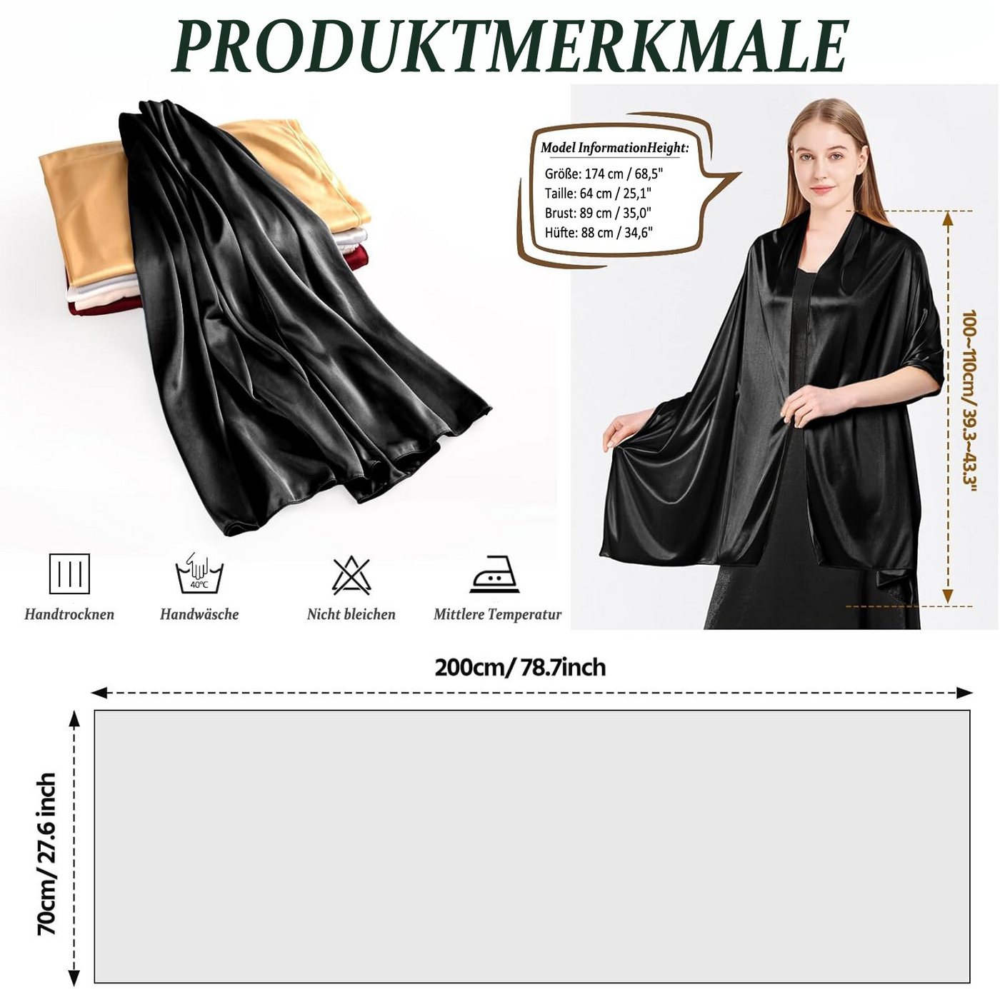 Zaewry Modeschal Damen Mode-Schal, Satin-Schal, farbenfroher Schal, geeignet für Hochzeiten, Abendkleider und Sommerpartys – Bild 5 von 5