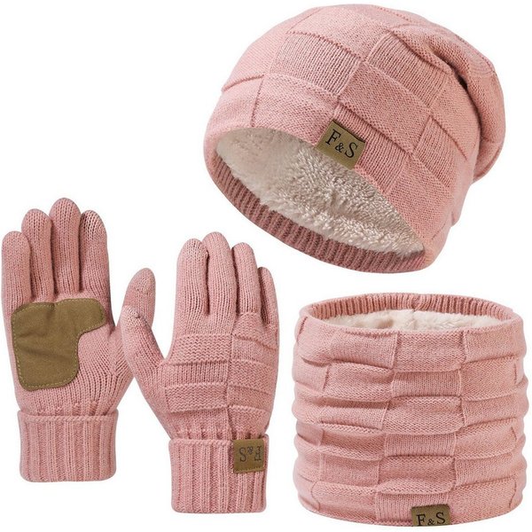 Zaewry Mütze & Schal Strickmütze, Schal und Handschuh-Set, Winterstrickmütze, Touchscreen-Handschuhe, gefütterter Kragen, Unisex