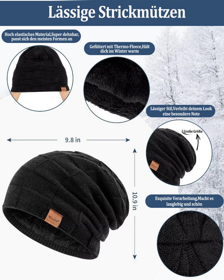 Zaewry Mütze & Schal Strickmütze, Schal und Handschuh-Set, Winterstrickmütze, Touchscreen-Handschuhe, gefütterter Kragen, Unisex – Bild 3 von 5