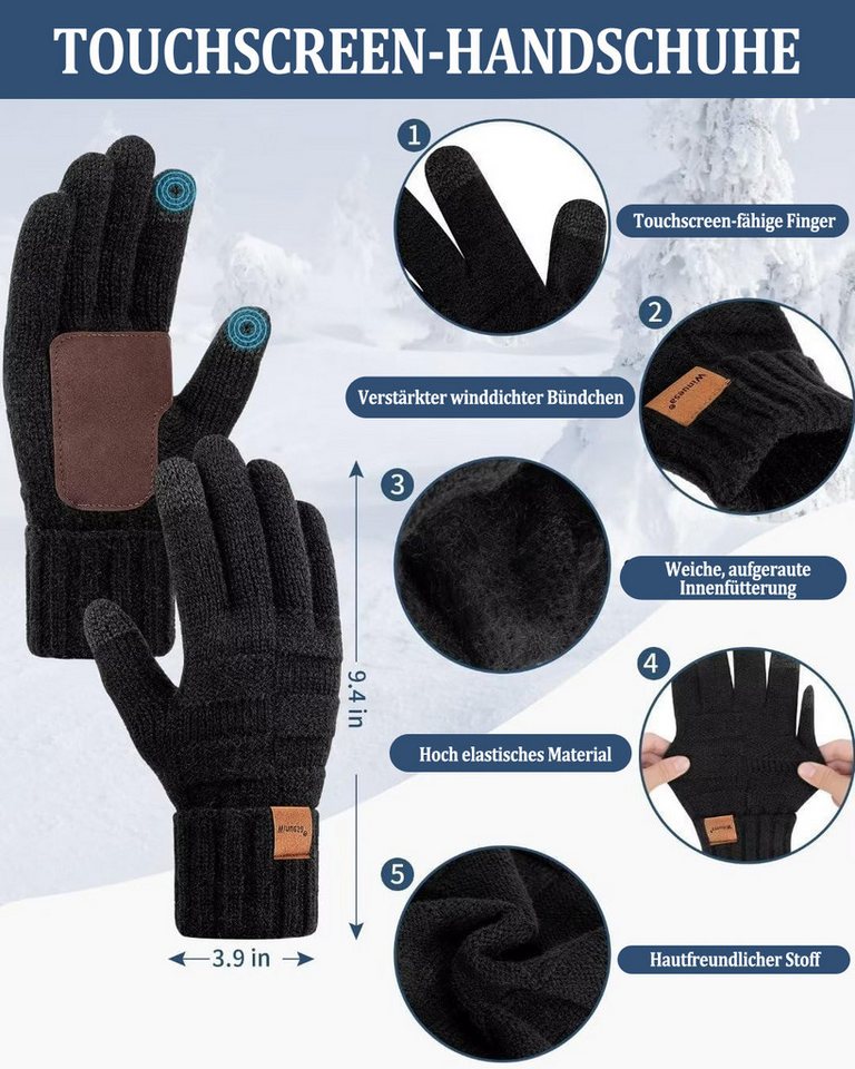 Zaewry Mütze & Schal Strickmütze, Schal und Handschuh-Set, Winterstrickmütze, Touchscreen-Handschuhe, gefütterter Kragen, Unisex – Bild 4 von 5