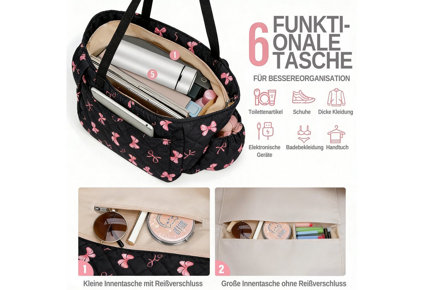 Zaewry Schultertasche Freizeit-Schultertasche, Damen-Tote-Bag, Große Handtasche, Reisetasche für unterwegs – Bild 2 von 5
