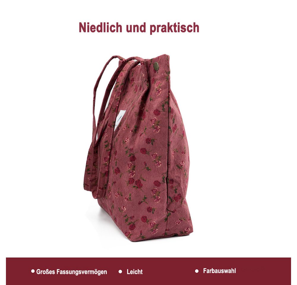 Zaewry Schultertasche Handtasche,Cord Tote, Canvas-Schultertaschen für Damen, Blümchentasche, Crossbody Mode Retro große Tasche, mit Innenfach für Arbeit,Reisen – Bild 3 von 5