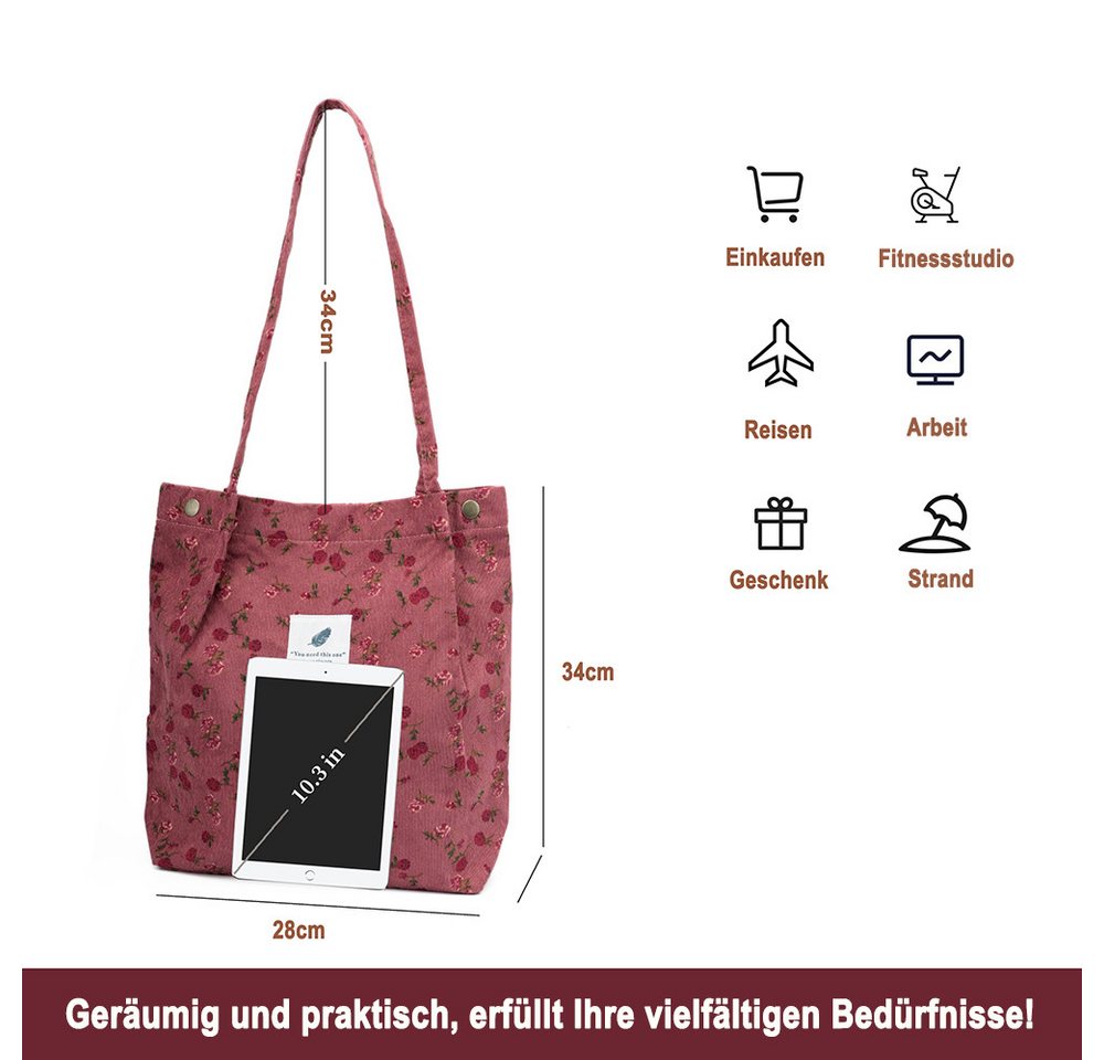 Zaewry Schultertasche Handtasche,Cord Tote, Canvas-Schultertaschen für Damen, Blümchentasche, Crossbody Mode Retro große Tasche, mit Innenfach für Arbeit,Reisen – Bild 5 von 5